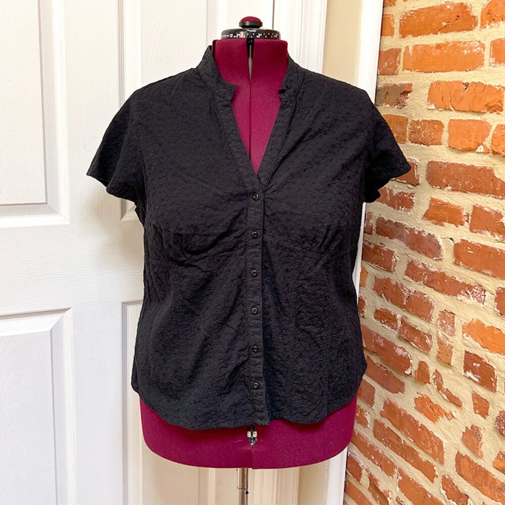 A.N.A. Black Cotton Floral Eyelet Lace Cap Sleeve Button Down Top